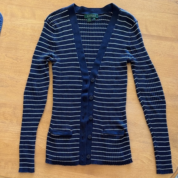 Lauren Navy and White Striped Cardigan - Picture 1 of 4